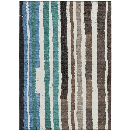 Brown Teal Blue And Ivory Striped Washable Indoor Outdoor Area Rug Photo 4