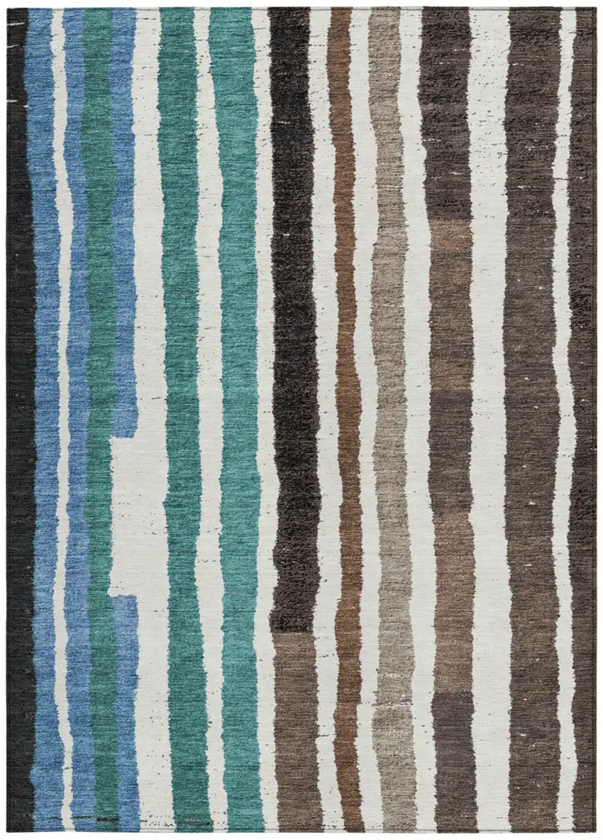 Brown Teal Blue And Ivory Striped Washable Indoor Outdoor Area Rug Photo 4