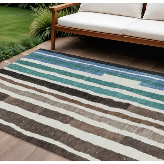 Brown Teal Blue And Ivory Striped Washable Indoor Outdoor Area Rug Photo 2