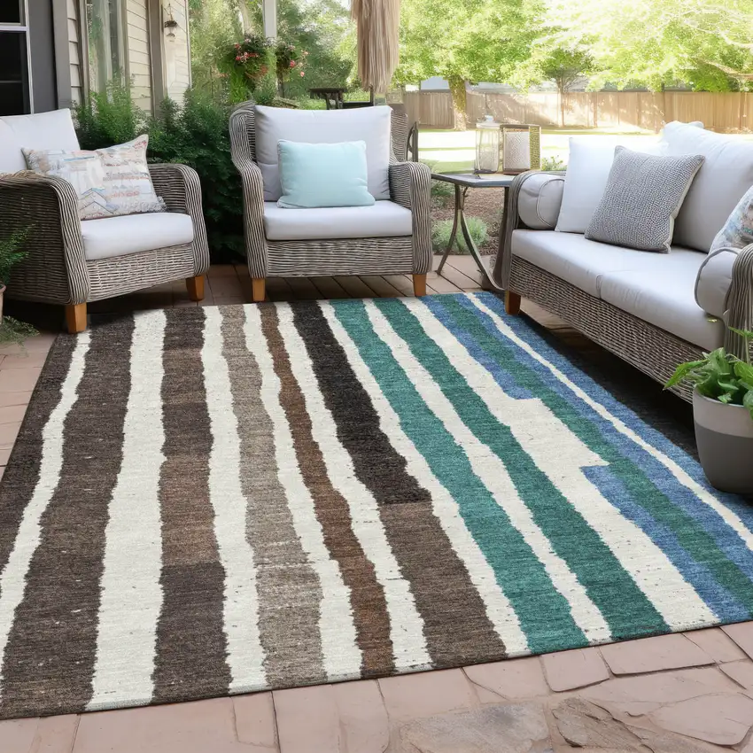 Brown Teal Blue And Ivory Striped Washable Indoor Outdoor Area Rug Photo 6