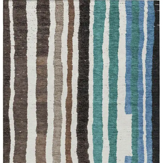 Brown Teal Blue And Ivory Striped Washable Indoor Outdoor Area Rug Photo 3