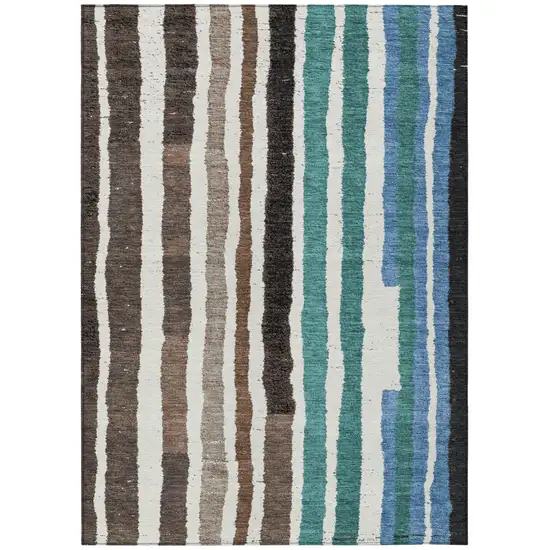 Brown Teal Blue And Ivory Striped Washable Indoor Outdoor Area Rug Photo 1