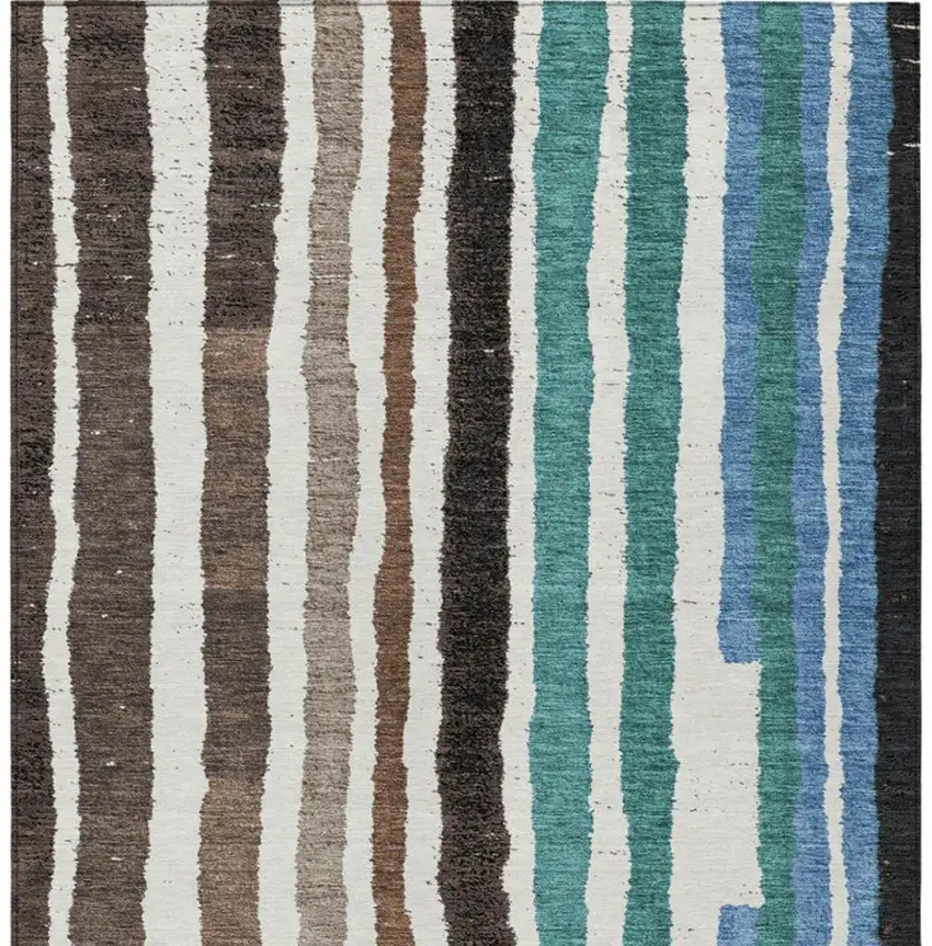 Brown Teal Blue And Ivory Striped Washable Indoor Outdoor Area Rug Photo 4