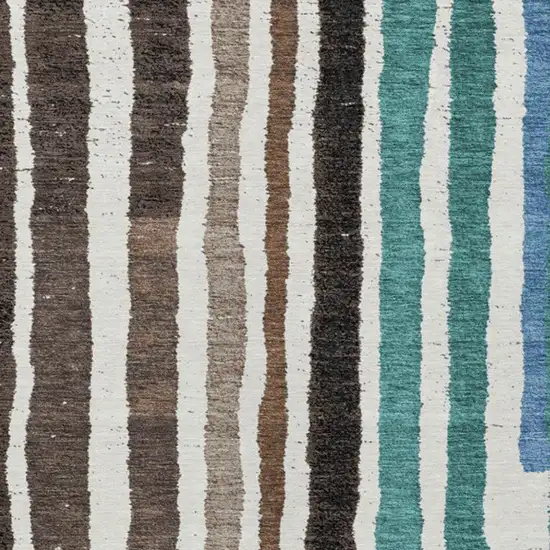 Brown Teal Blue And Ivory Striped Washable Indoor Outdoor Area Rug Photo 3
