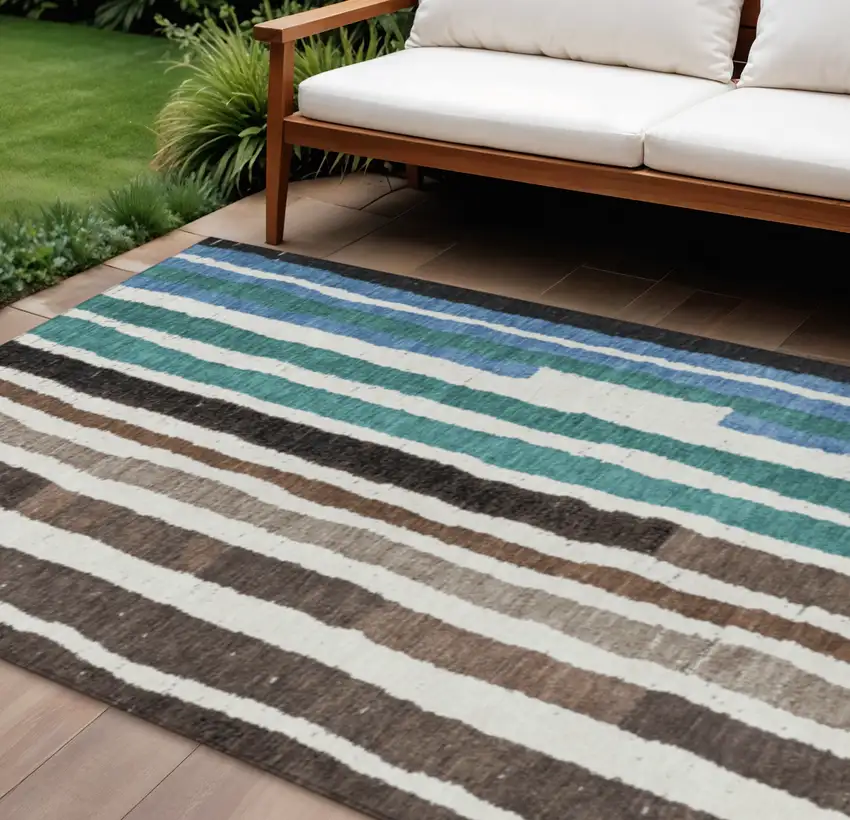 Brown Teal Blue And Ivory Striped Washable Indoor Outdoor Area Rug Photo 2