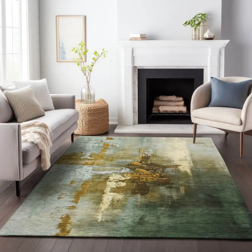 Brown Teal Blue And Taupe Abstract Washable Indoor Outdoor Area Rug Photo 9