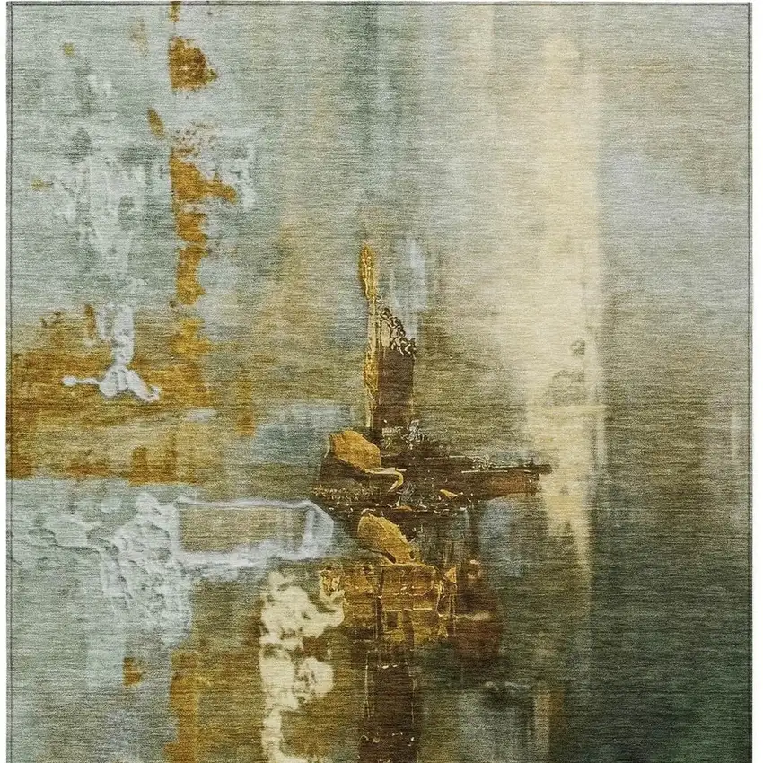 Brown Teal Blue And Taupe Abstract Washable Indoor Outdoor Area Rug Photo 3