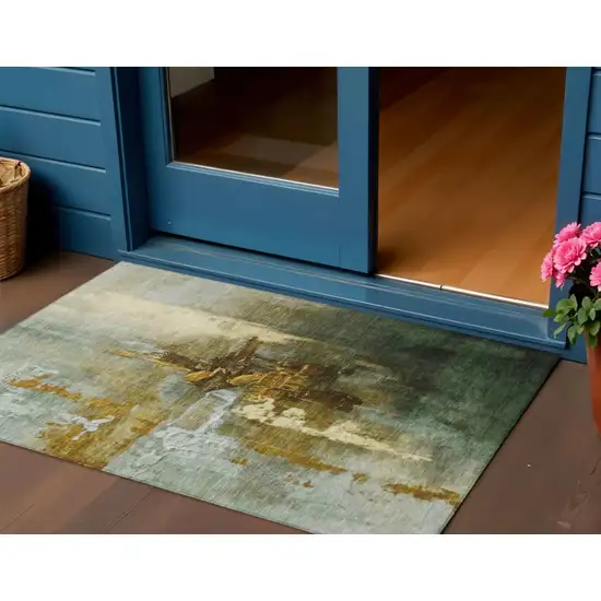 Brown Teal Blue And Taupe Abstract Washable Indoor Outdoor Area Rug Photo 2