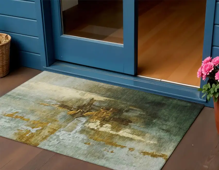 Brown Teal Blue And Taupe Abstract Washable Indoor Outdoor Area Rug Photo 2