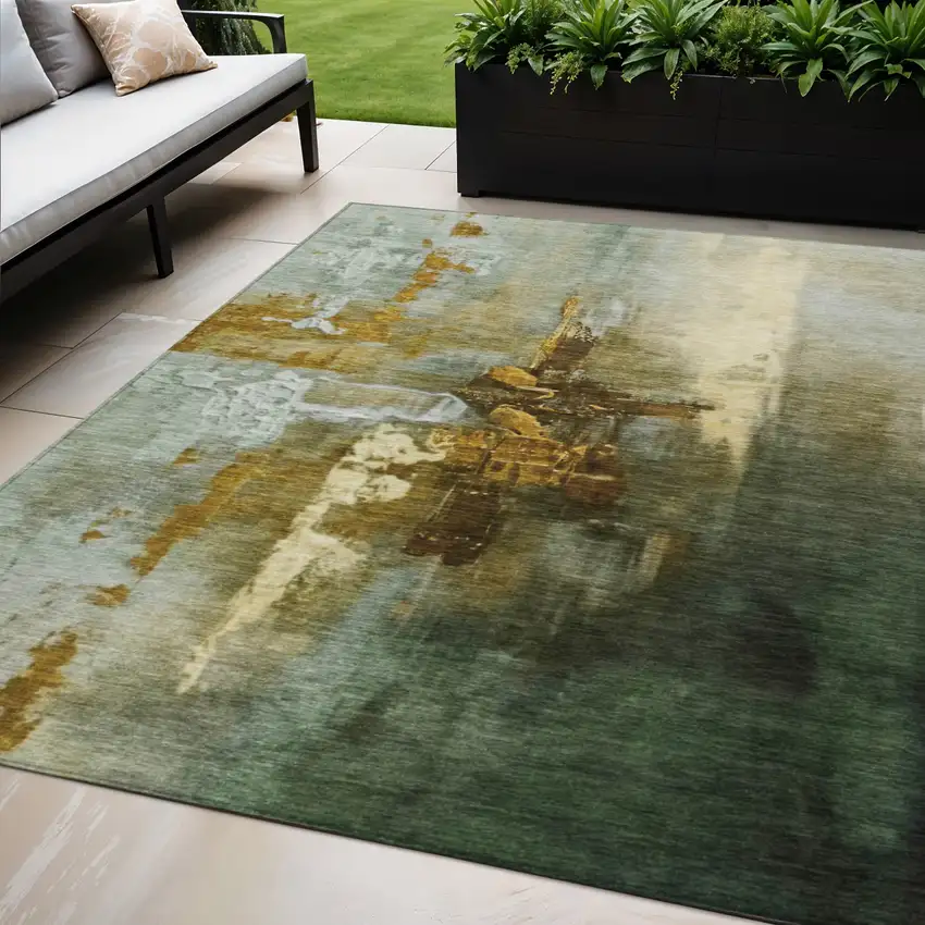 Brown Teal Blue And Taupe Abstract Washable Indoor Outdoor Area Rug Photo 2