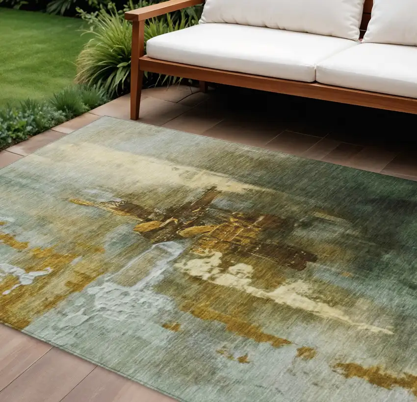 Brown Teal Blue And Taupe Abstract Washable Indoor Outdoor Area Rug Photo 2