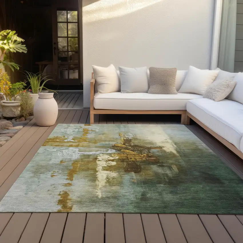 Brown Teal Blue And Taupe Abstract Washable Indoor Outdoor Area Rug Photo 7