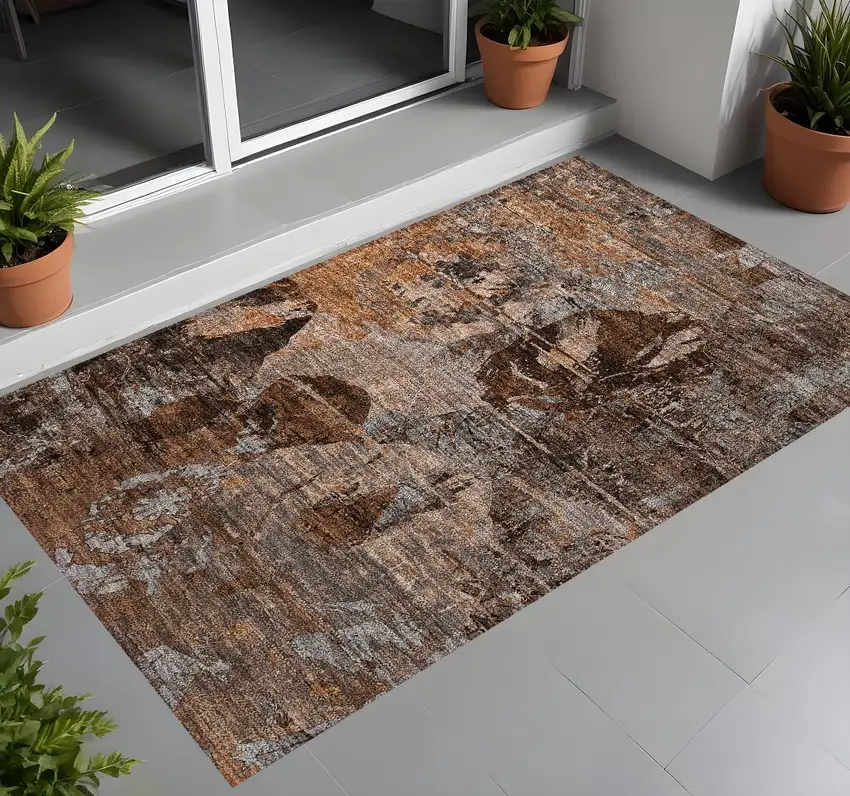 Brown Terracotta and Gray Floral Washable Non Skid Indoor Outdoor Area Rug Photo 1