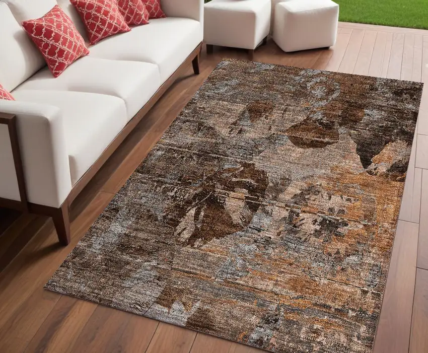 Brown Terracotta and Gray Floral Washable Non Skid Indoor Outdoor Area Rug Photo 1