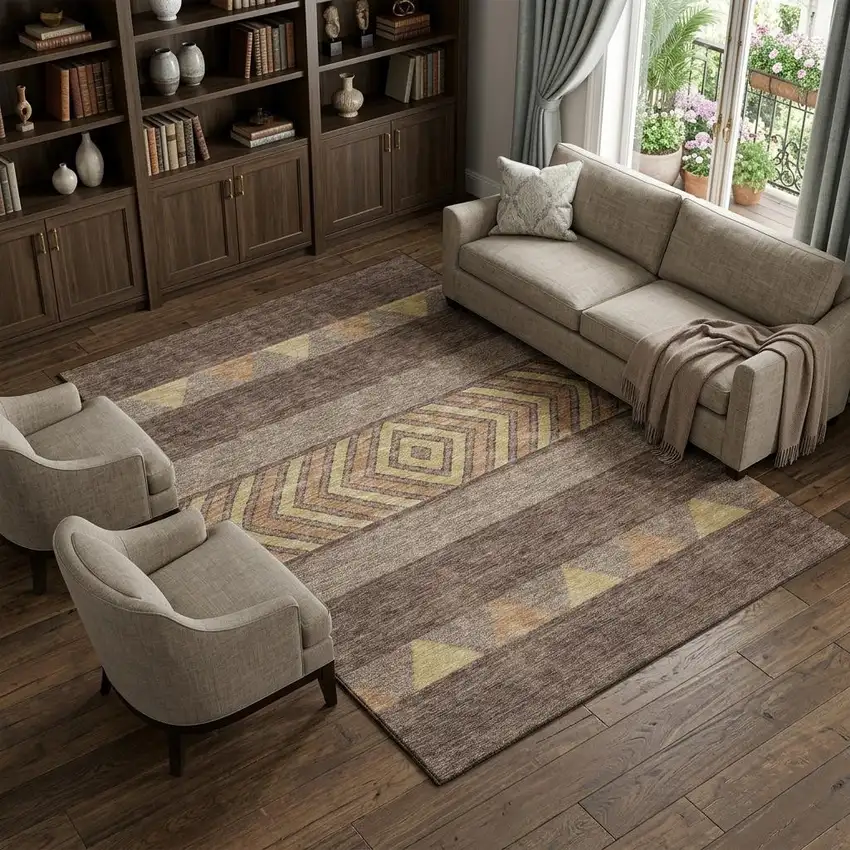 Brown Wheat And Copper Southwestern Washable Area Rug With UV Protection Photo 1