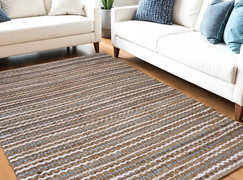Brown White And Gray Jute Striped Hand Woven Area Rug Photo 1