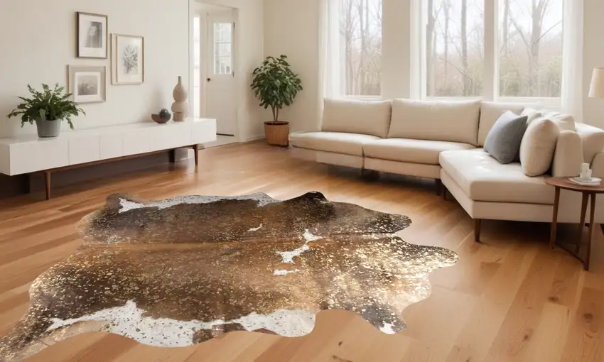 Brown White And Gold Natural Cowhide Area Rug Photo 1