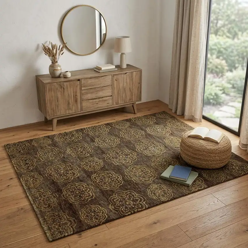 Brown Yellow And Gold Floral Hand Knotted Area Rug Photo 1