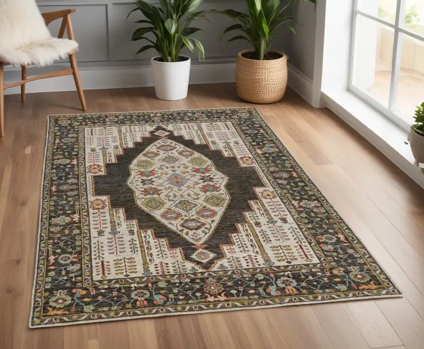 Green and Ivory Wool Floral Hand Knotted Distressed Area Rug With Fringe Photo 1