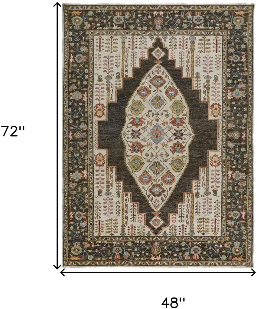 Green and Ivory Wool Floral Hand Knotted Distressed Area Rug With Fringe Photo 3