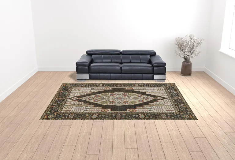 Brown Yellow And Green Wool Floral Hand Knotted Distressed Stain Resistant Area Rug With Fringe Photo 3
