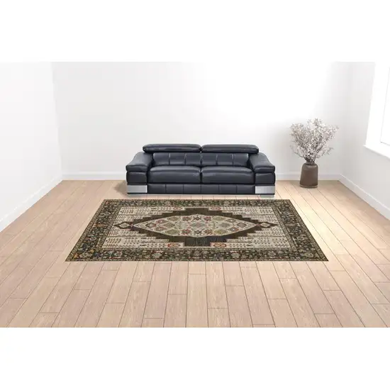 Brown Yellow And Green Wool Floral Hand Knotted Distressed Stain Resistant Area Rug With Fringe Photo 3