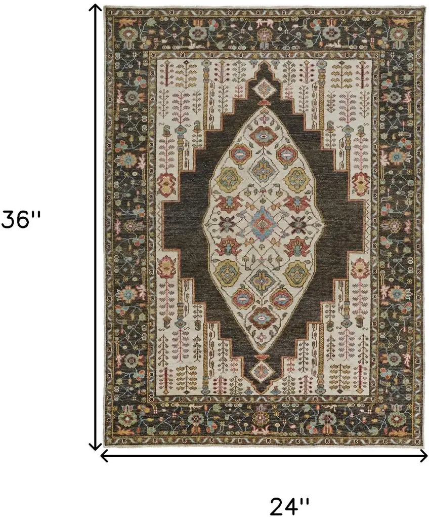 Green and Ivory Wool Floral Hand Knotted Distressed Area Rug With Fringe Photo 3