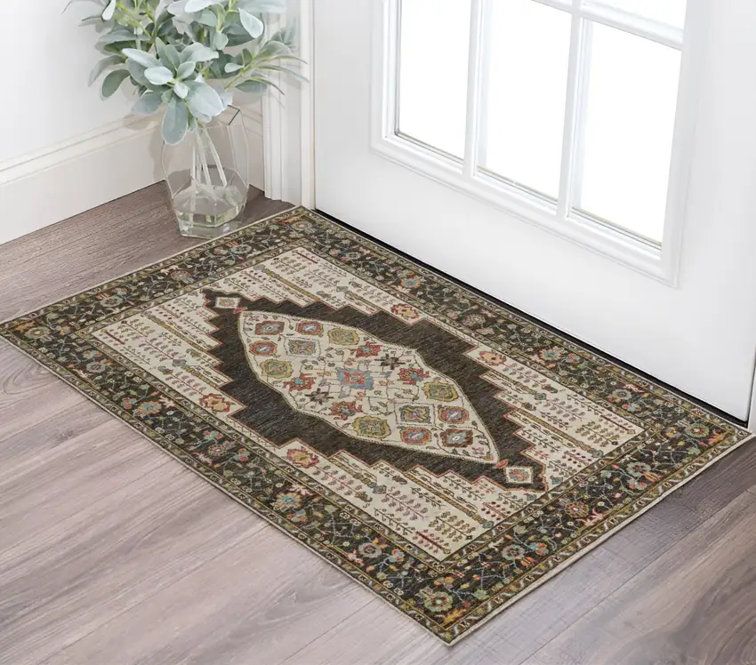Green and Ivory Wool Floral Hand Knotted Distressed Area Rug With Fringe Photo 1