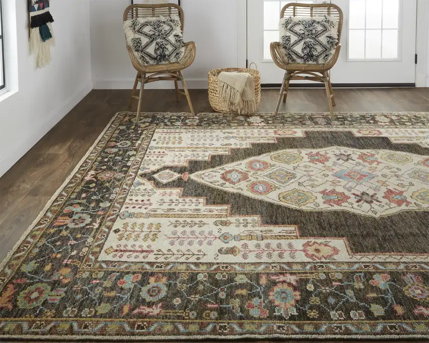 Brown Yellow And Green Wool Floral Hand Knotted Distressed Stain Resistant Area Rug With Fringe Photo 7