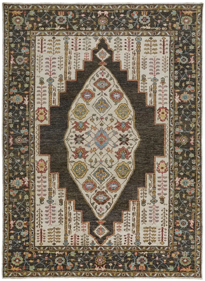 Brown Yellow And Green Wool Floral Hand Knotted Distressed Stain Resistant Area Rug With Fringe Photo 2