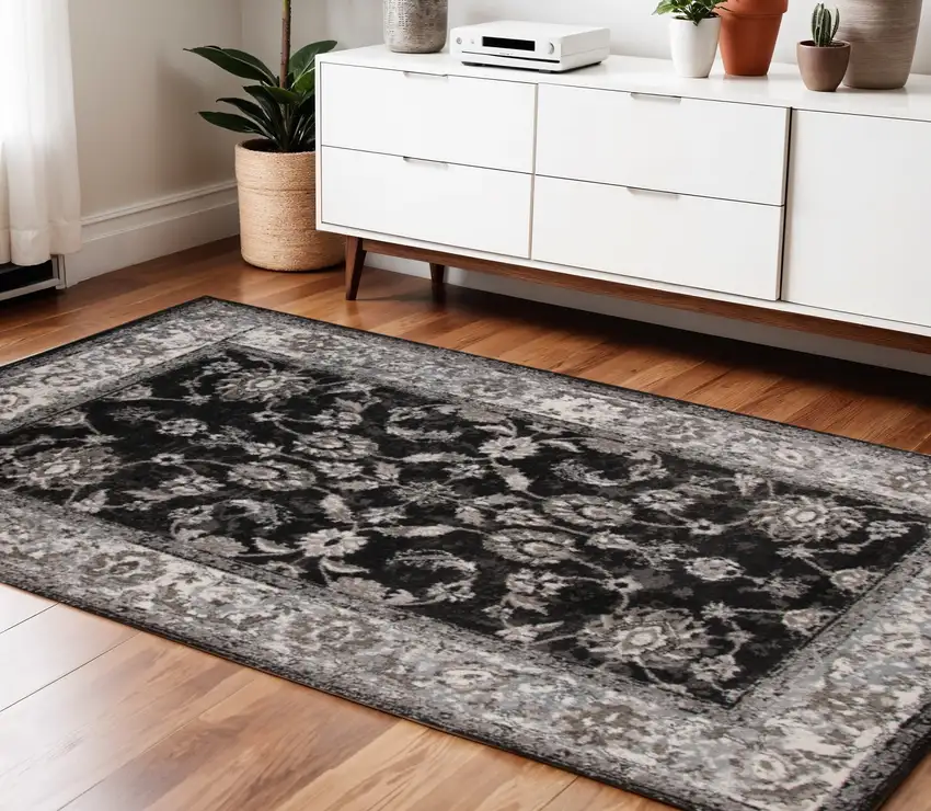 Ivory Black and Gray Oriental Power Loom Area Rug Photo 1