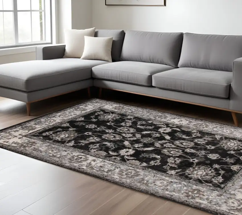 Ivory Black and Gray Oriental Power Loom Area Rug Photo 1