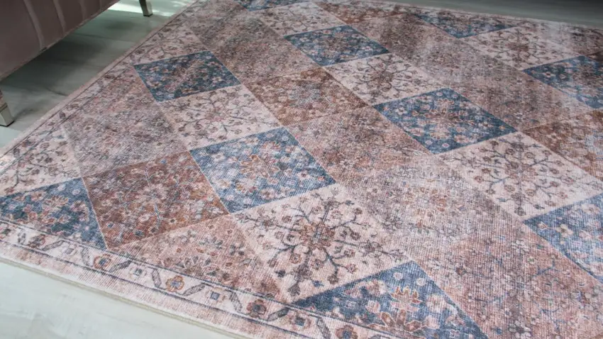 Brown and Blue Floral Distressed Area Rug Photo 7