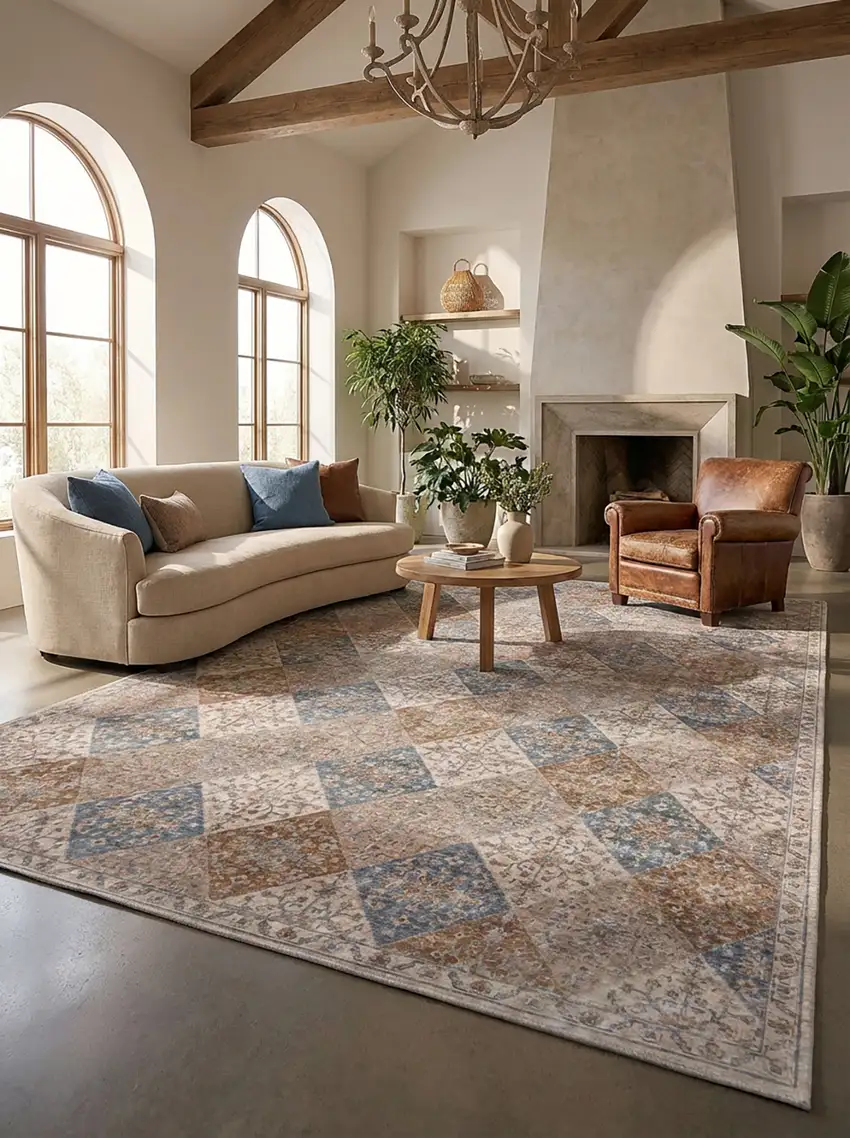 Brown and Blue Floral Distressed Area Rug Photo 7
