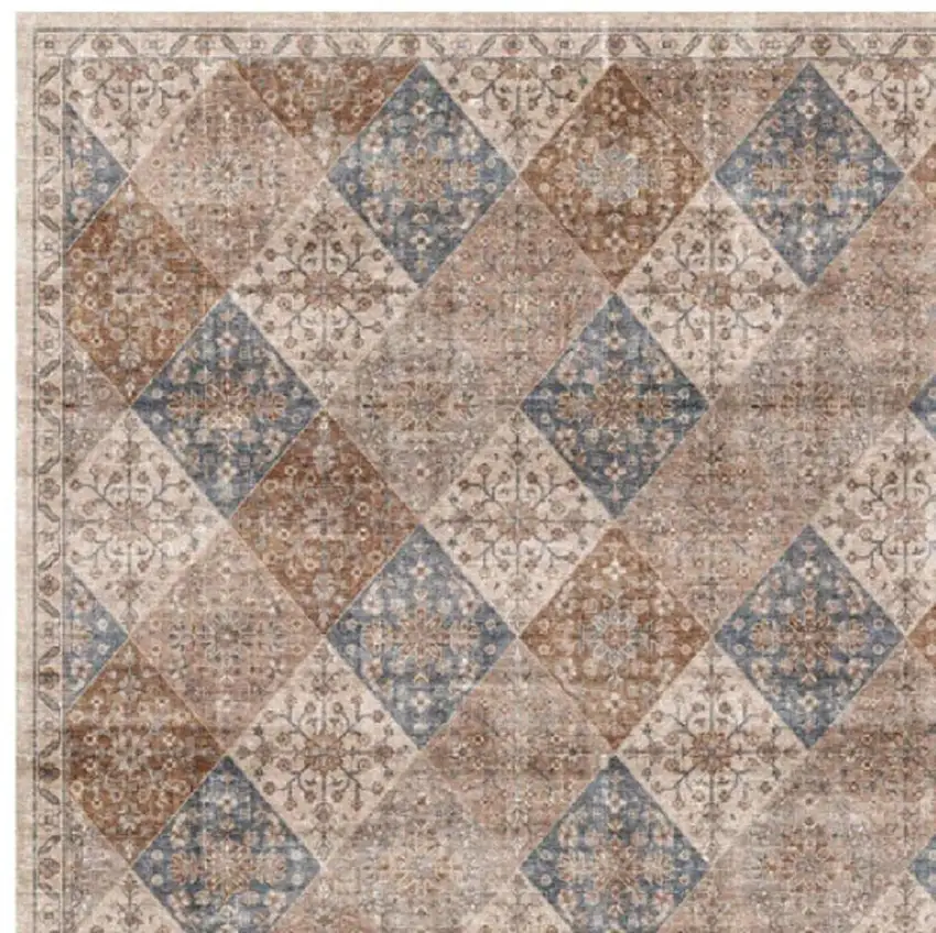 Brown and Blue Floral Distressed Area Rug Photo 3