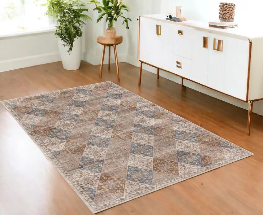 Brown and Blue Floral Distressed Area Rug Photo 1