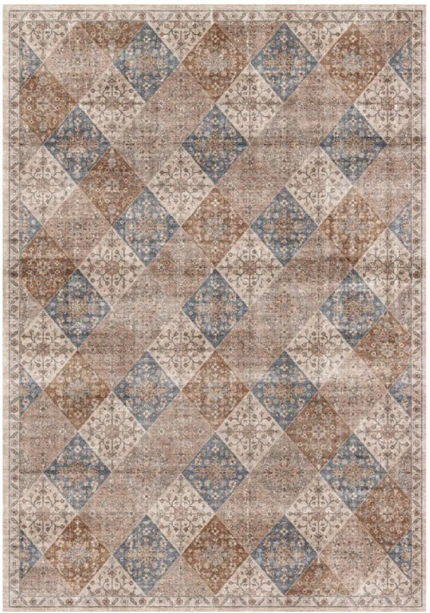 Brown and Blue Floral Distressed Area Rug Photo 2