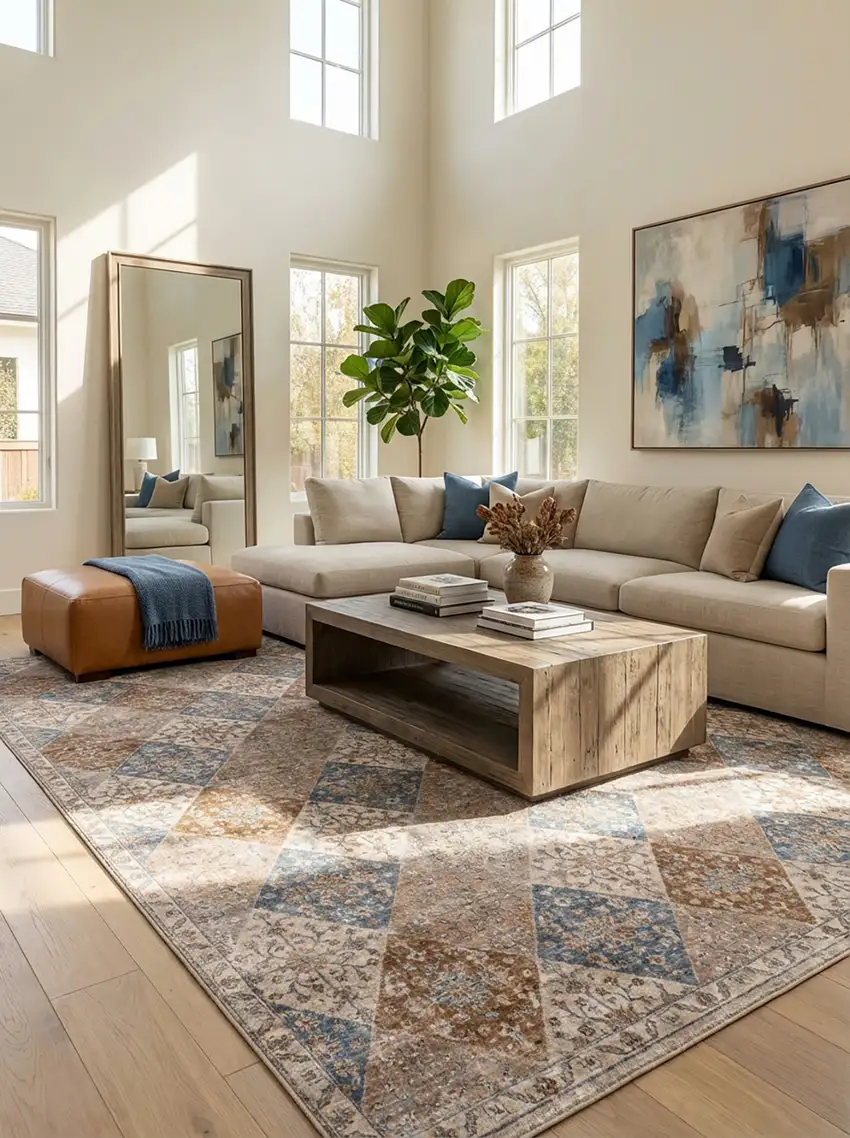 Brown and Blue Floral Distressed Area Rug Photo 8