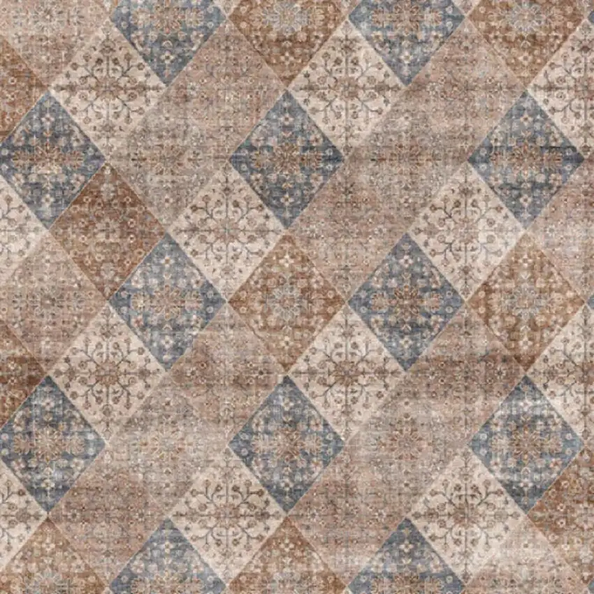 Brown and Blue Floral Distressed Area Rug Photo 3