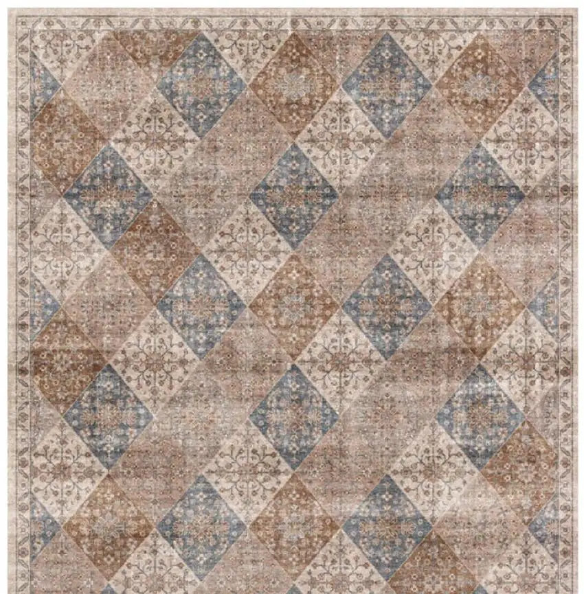 Brown and Blue Floral Distressed Area Rug Photo 4