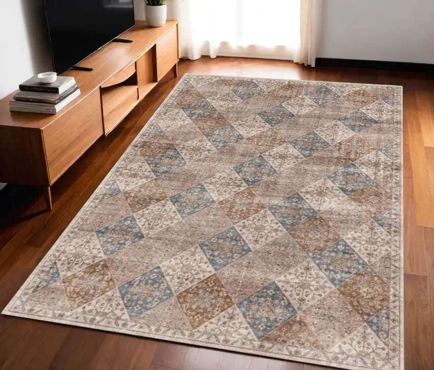 Brown and Blue Floral Distressed Area Rug Photo 1