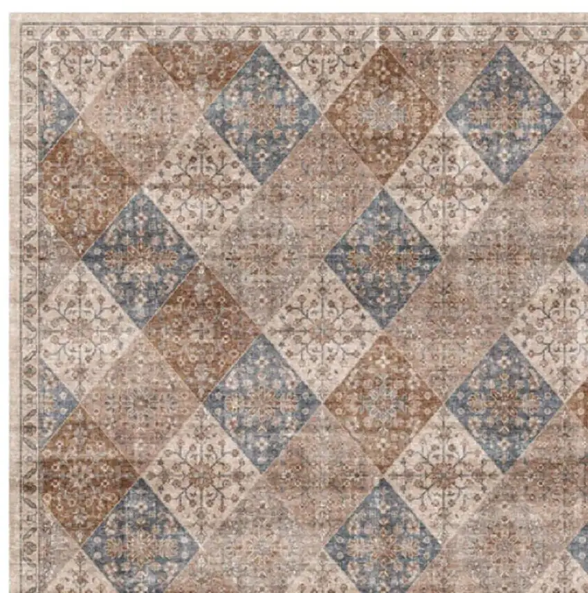 Brown and Blue Floral Distressed Area Rug Photo 3