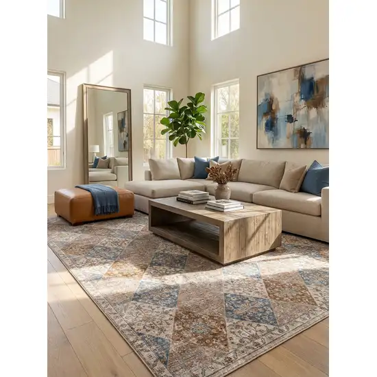 Brown and Blue Floral Distressed Area Rug Photo 8