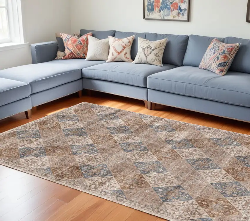 Brown and Blue Floral Distressed Area Rug Photo 1