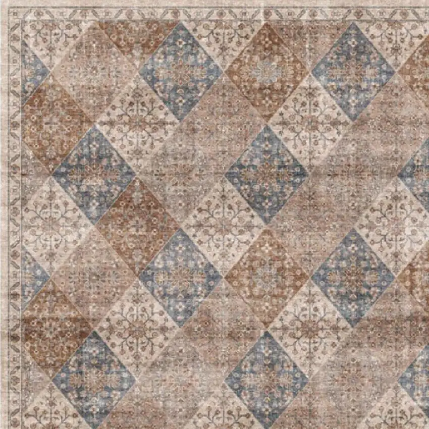 Brown and Blue Floral Distressed Area Rug Photo 3