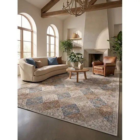 Brown and Blue Floral Distressed Area Rug Photo 7