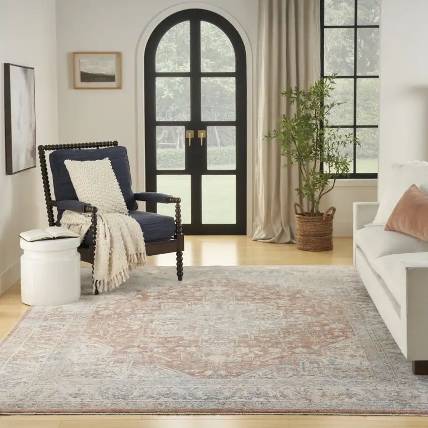 Brown and Blue Oriental Power Loom Distressed Area Rug With Fringe Photo 6