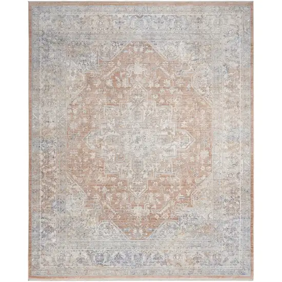 Brown and Blue Oriental Power Loom Distressed Area Rug With Fringe Photo 2