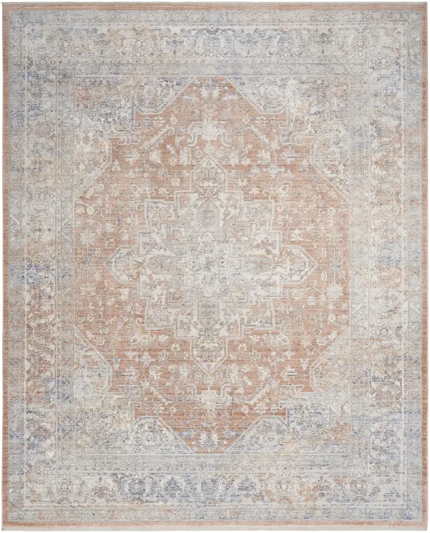 Brown and Blue Oriental Power Loom Distressed Area Rug With Fringe Photo 2