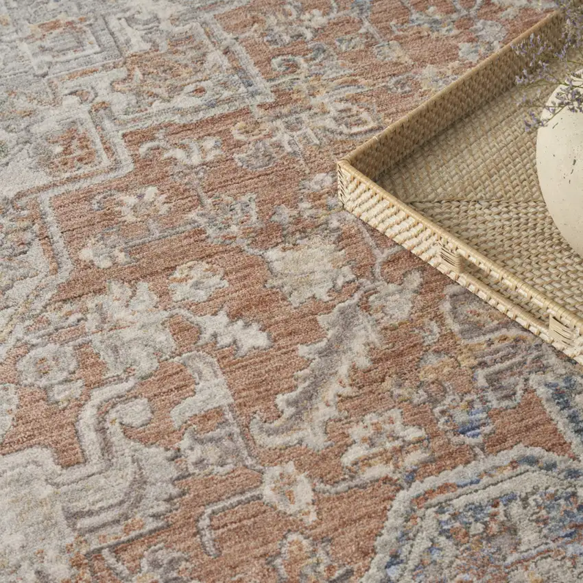 Brown and Blue Oriental Power Loom Distressed Area Rug With Fringe Photo 8
